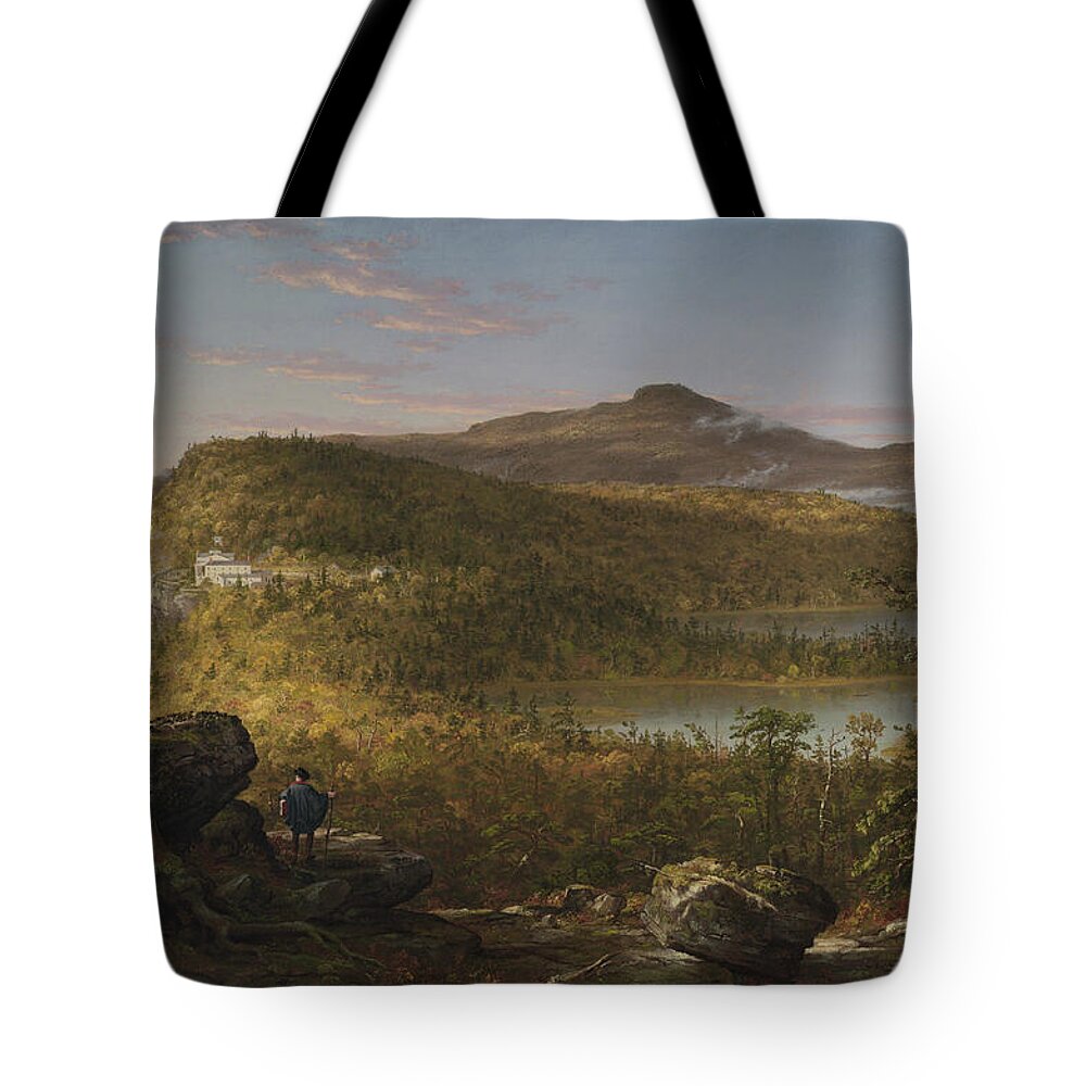 Thomas Cole Tote Bag featuring the painting A View of the Two Lakes and Mountain House Catskill Mountains Morning, from 1844 by Thomas Cole