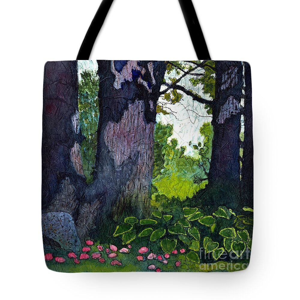 Trees Tote Bag featuring the painting A View Through the Trees Watercolor Batik by Conni Schaftenaar