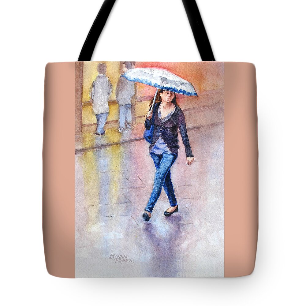 Rain Tote Bag featuring the painting A Walk in the Rain by Bonnie Rinier