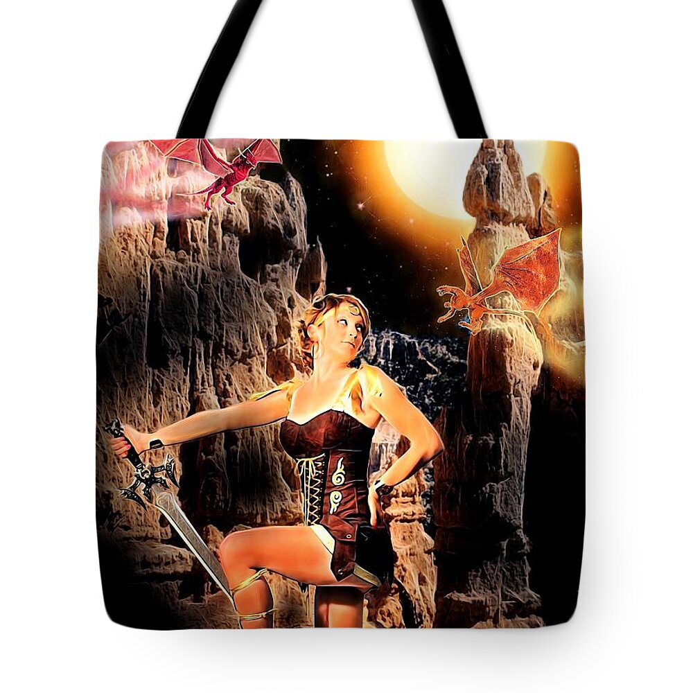 Fantasy Tote Bag featuring the painting A Warrior and 2 fairy Dragons by Jon Volden