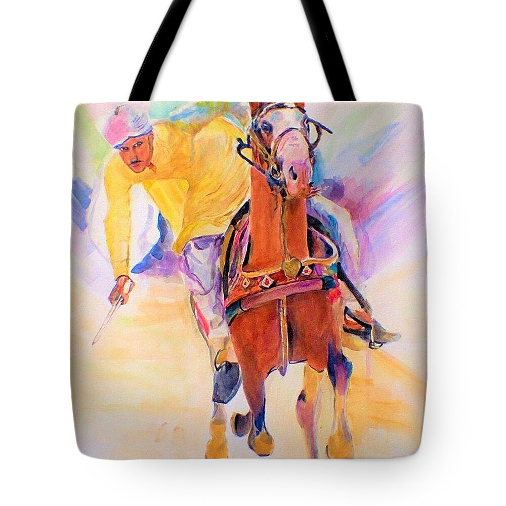 Horse Tote Bag featuring the painting A win by Khalid Saeed