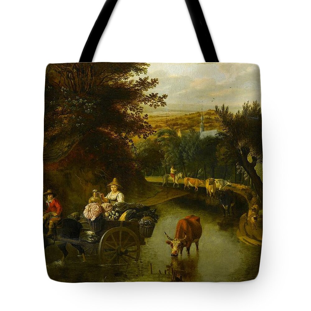 Jan Siberechts Tote Bag featuring the painting A Wooded Landscape with Peasants in a Horse by MotionAge Designs