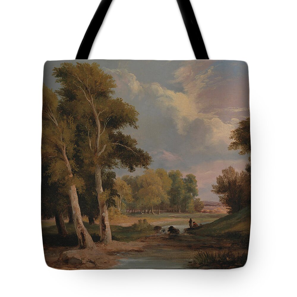 Irish Art Tote Bag featuring the painting A Wooded River Landscape with Fishermen by James Arthur O'Connor