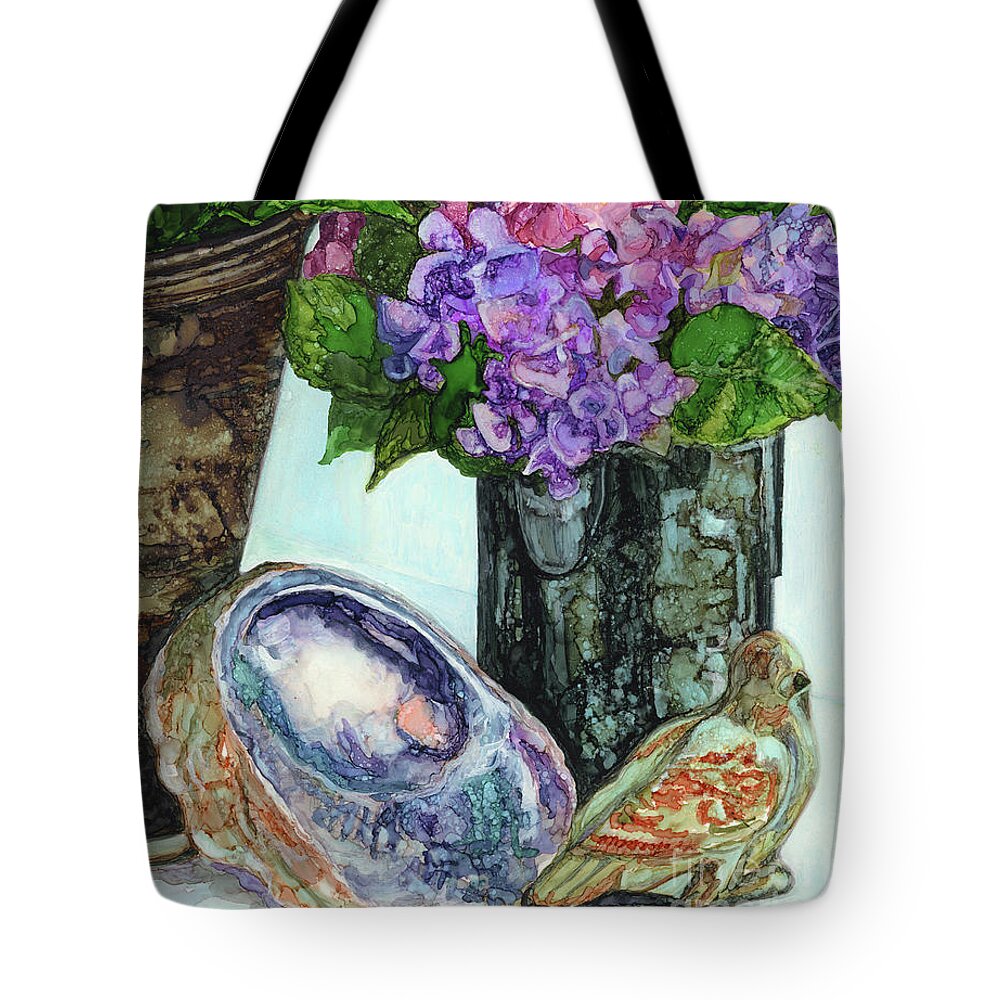 Abalone Tote Bag featuring the painting Abalone, Hydrangea and Bird by Vicki Baun Barry