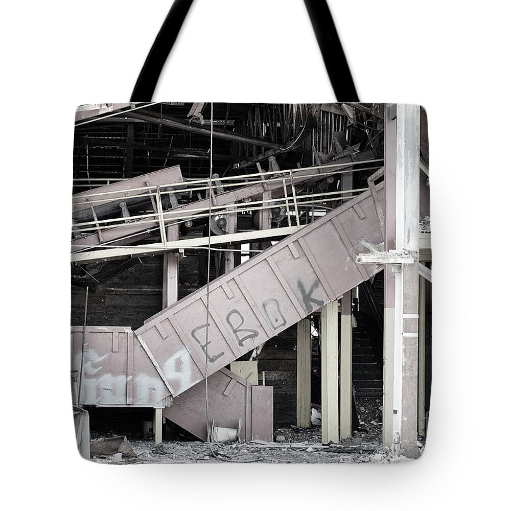 Black White Monochrome Abandoned Factory Abandoned Decrepit Old Burn Burned Tote Bag featuring the photograph Abandoned Factory No 1 1887 by Ken DePue