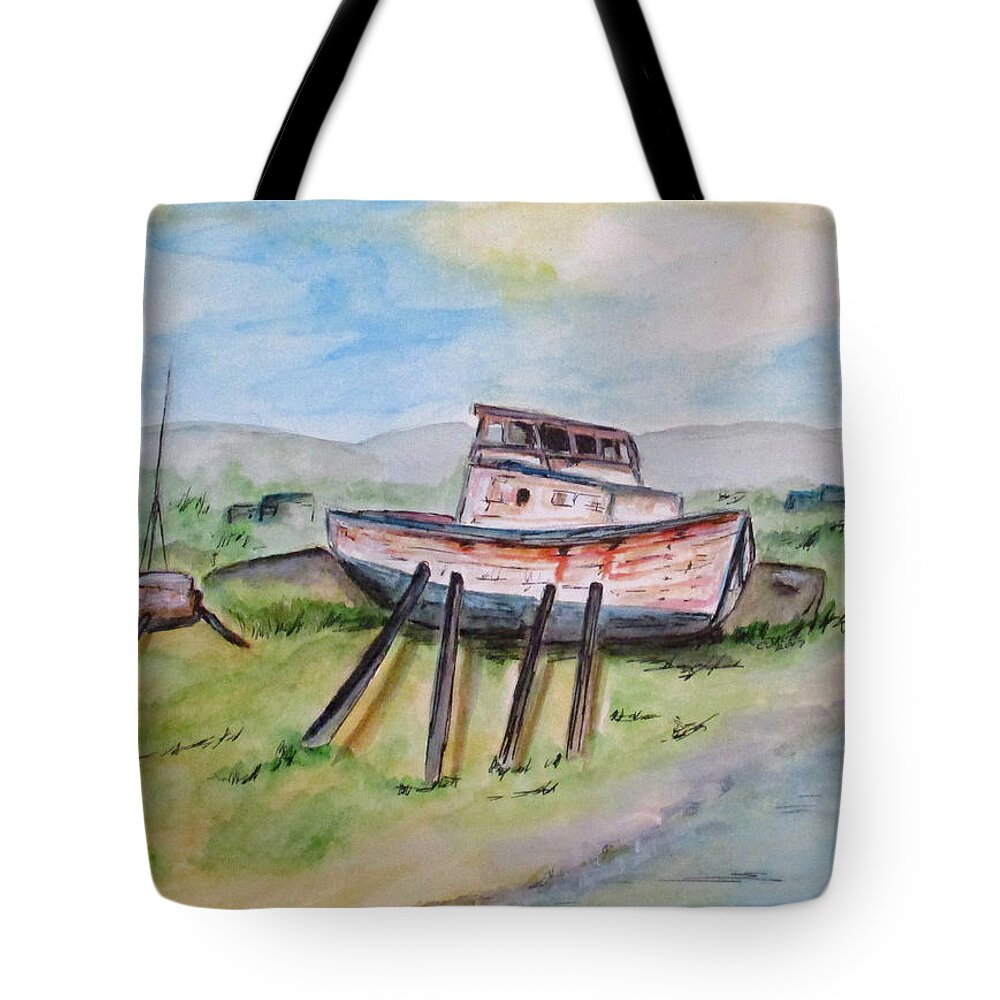Boats Tote Bag featuring the painting Abandoned Fishing Boat by Clyde J Kell