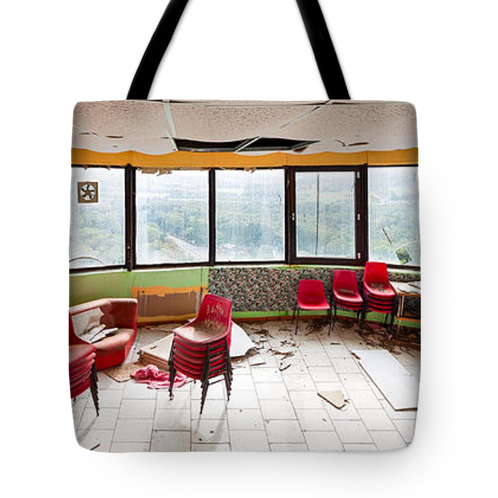 Abandoned Building Tote Bag featuring the photograph Abandoned tower restaurant - Urban panorama by Dirk Ercken