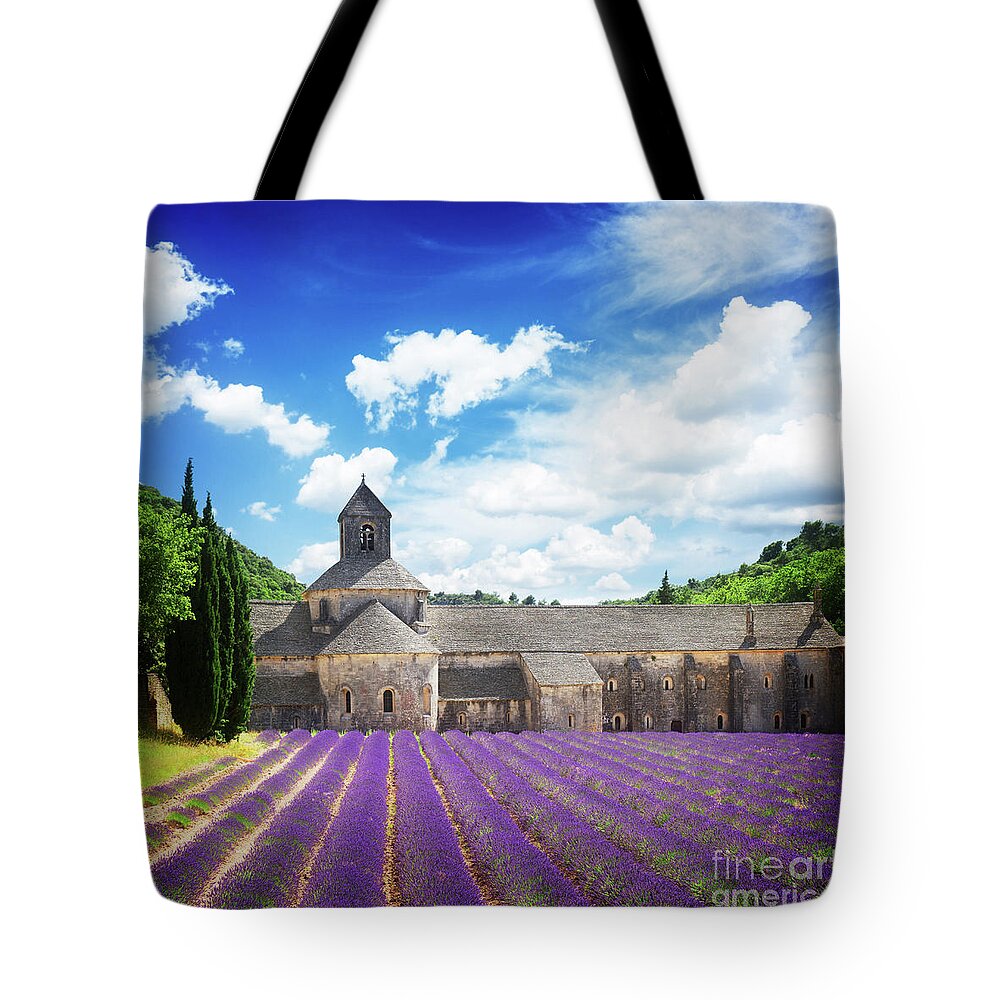 Lavender Tote Bag featuring the photograph Abbey Senanque and Lavender by Anastasy Yarmolovich