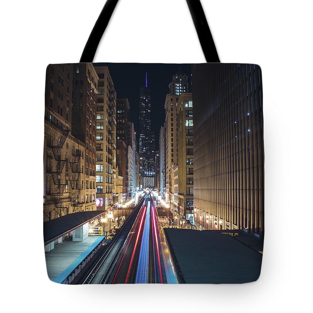 Chicago Tote Bag featuring the photograph Above the loop towards the Trump Tower by Jay Smith