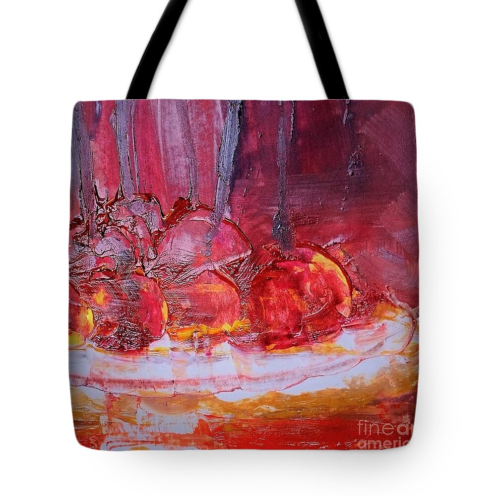 Abstract Tote Bag featuring the painting Abstract Apples On Cake Plate Painting by Lisa Kaiser