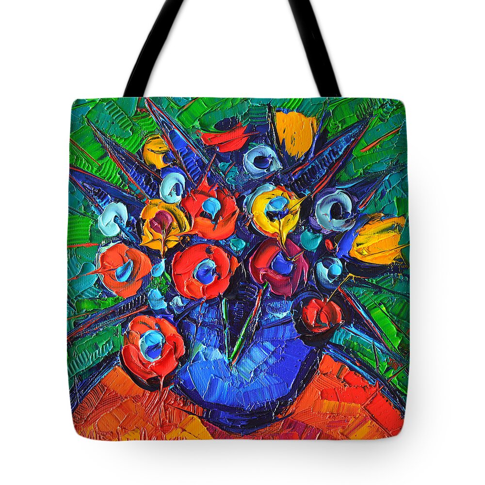 Abstract Tote Bag featuring the painting Abstract Colorful Flowers 77 Modern Impressionism Palette Knife Oil Painting By Ana Maria Edulescu  by Ana Maria Edulescu