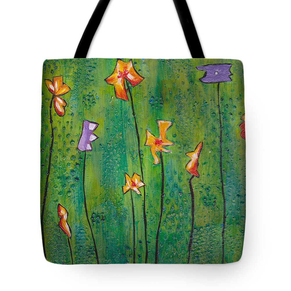 Abstract Tote Bag featuring the painting Abstract Flowers Orange, Purple by Patricia Cleasby