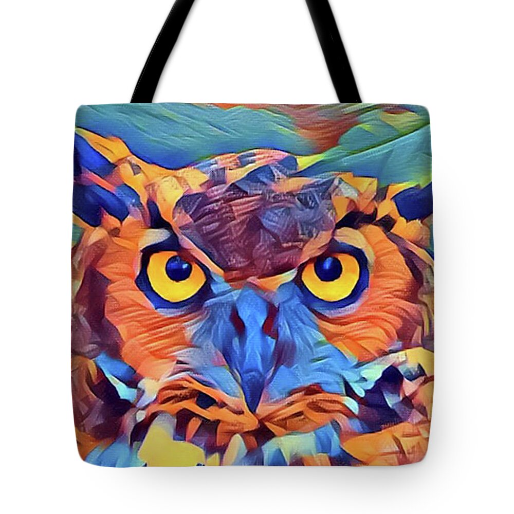 Abstract Tote Bag featuring the digital art Abstract Great Horned Owl by Kathy Kelly