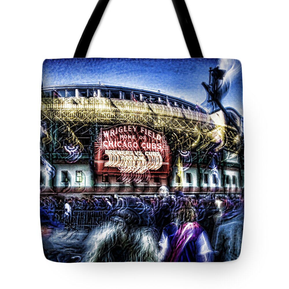 Chicago Tote Bag featuring the photograph abstract look at the crowd filing in for a Cub's game by Sven Brogren