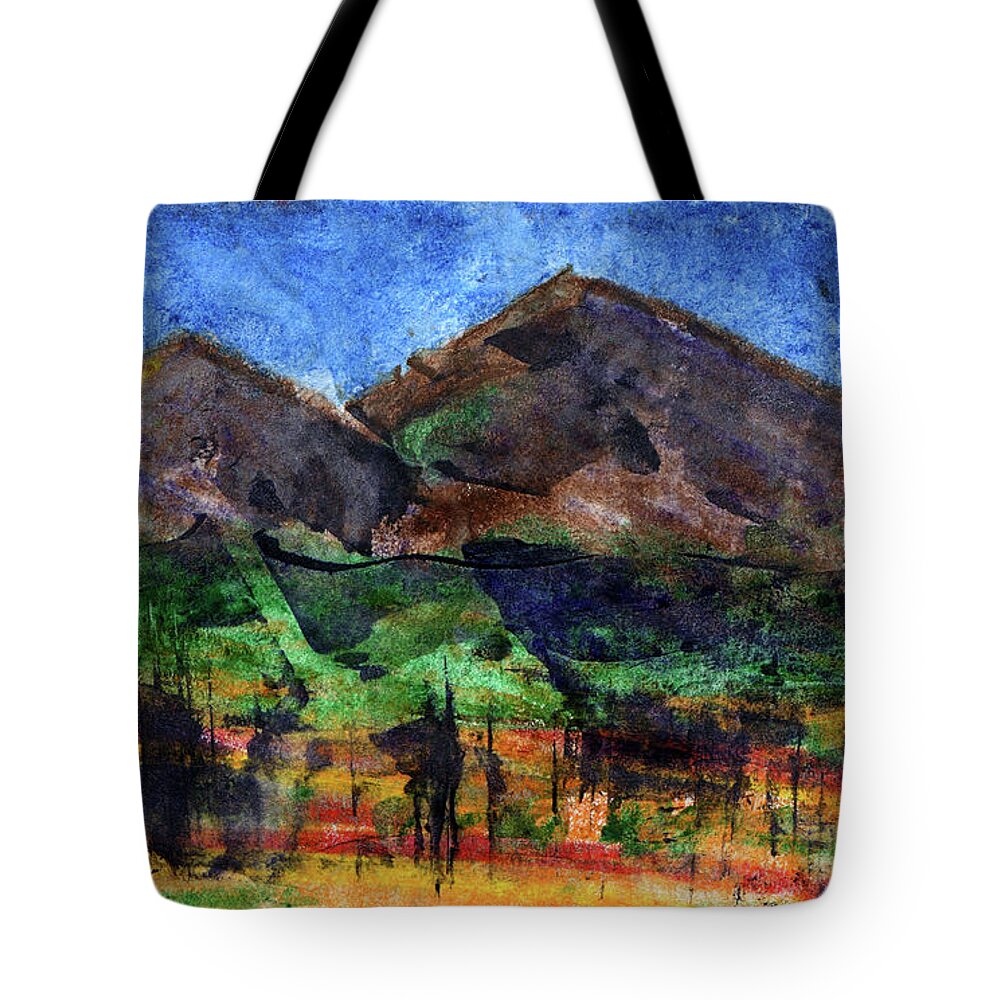 Abstract Sky Tree Nature Landscape Mountain Mountains Background Forest Blue Beautiful Season Outdoor View Beauty Scene Green Outdoors Scenery Peak Color Orange Trees Colorful Scenic Rock Tranquil Summer High Day Natural Bright Peaceful Wallpaper Stone Space Pine Seasonal North Land Calm Skies Serene Solitude Picturesque Fresh Artistic Kyllo Art Artwork Painting Country Ground Adventure Tote Bag featuring the painting Abstract of Sky Trees and Mountains by R Kyllo