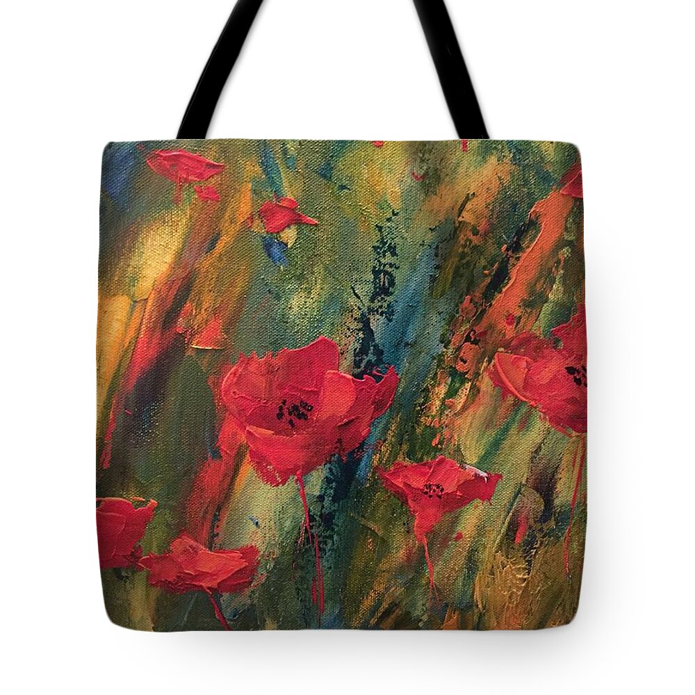 Poppies Tote Bag featuring the painting Abstract Poppies by Kristine Bogdanovich