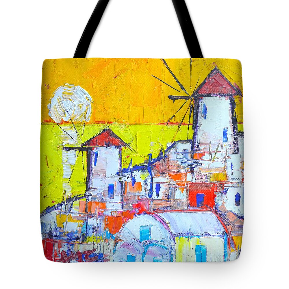Santorini Tote Bag featuring the painting Abstract Santorini Oia Windmills At Sunset by Ana Maria Edulescu