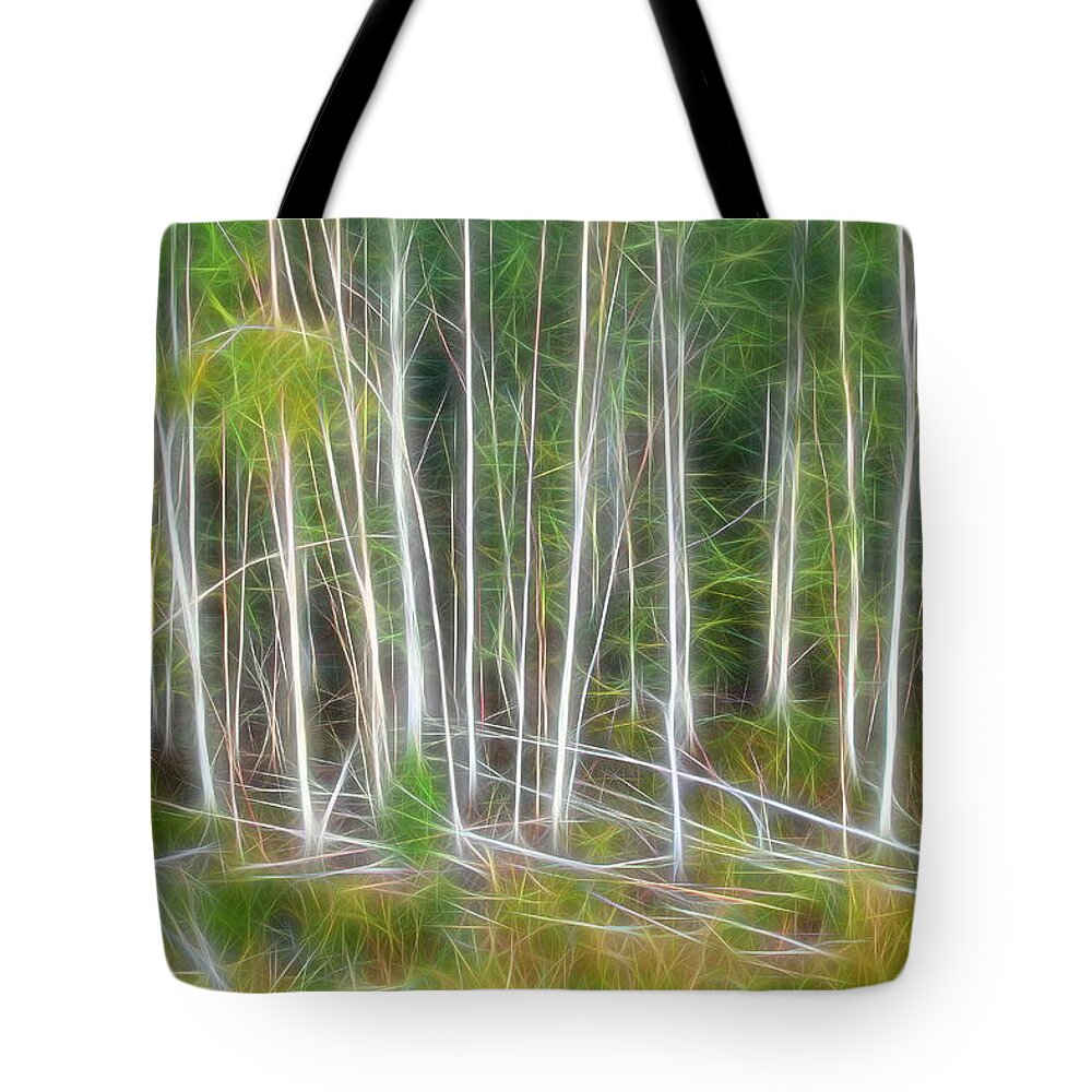 Trees Tote Bag featuring the digital art Abstract Silver Birches One by Mo Barton