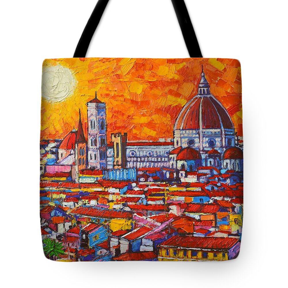 Italy Tote Bag featuring the painting Abstract Sunset Over Duomo In Florence Italy by Ana Maria Edulescu
