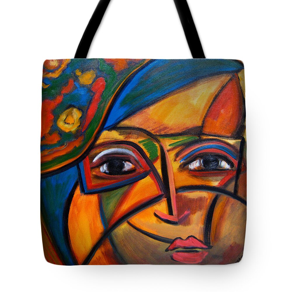 Katt Yanda Original Art Abstract Oil Painting Canvas Tote Bag featuring the painting Abstract Woman with Flower Hat by Katt Yanda