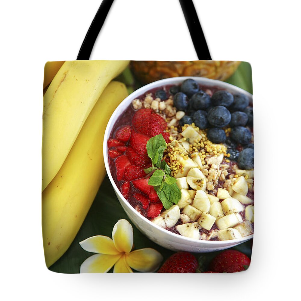 Acai Tote Bag featuring the photograph Acai bowl and Fruit by Brandon Tabiolo - Printscapes