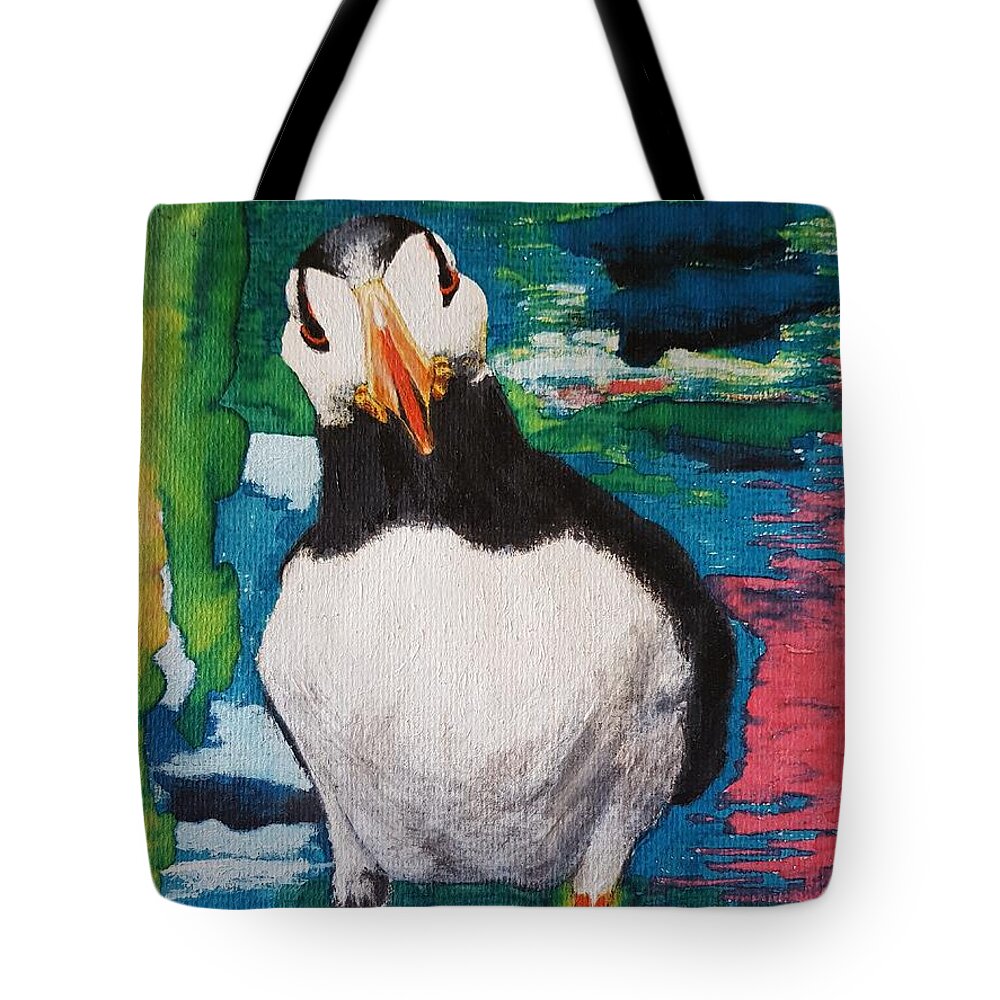 Birds Tote Bag featuring the painting Ace  Puffin Huff by Cassy Allsworth