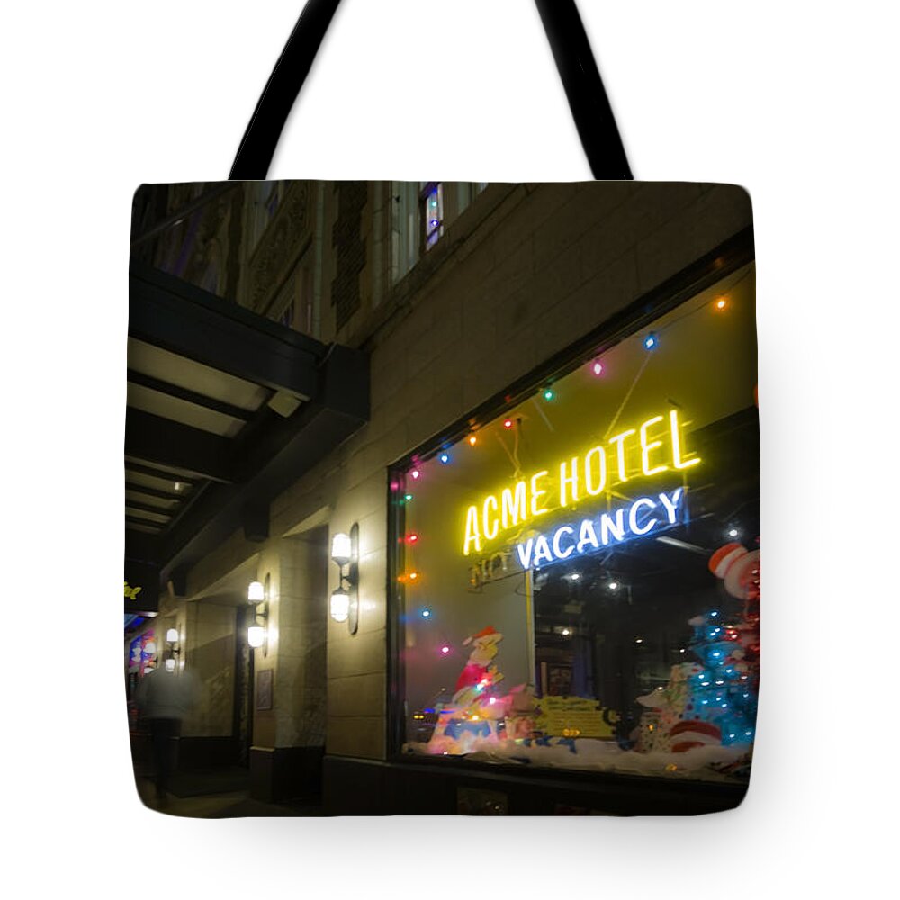 Acme Hotel Tote Bag featuring the photograph Acme hotel holiday street scene by Sven Brogren