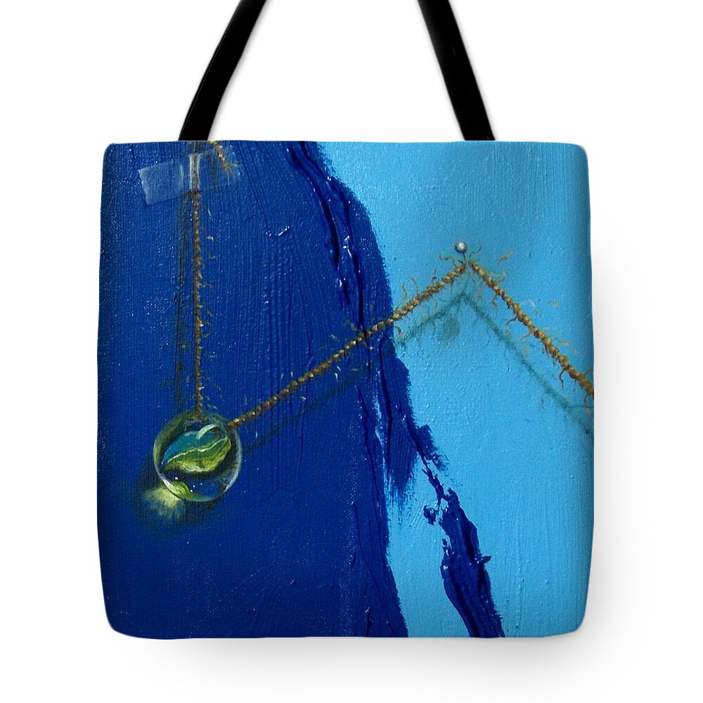 Marble Hanging By Rope Held By Tape And Needle Tote Bag featuring the painting Acrobatics number two by Roger Calle