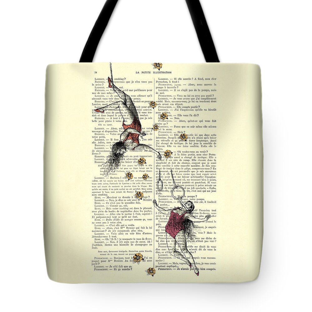 Acrobatics Tote Bag featuring the digital art Acrobatics Women Circusact Vintage Illustration On Book Page by Madame Memento