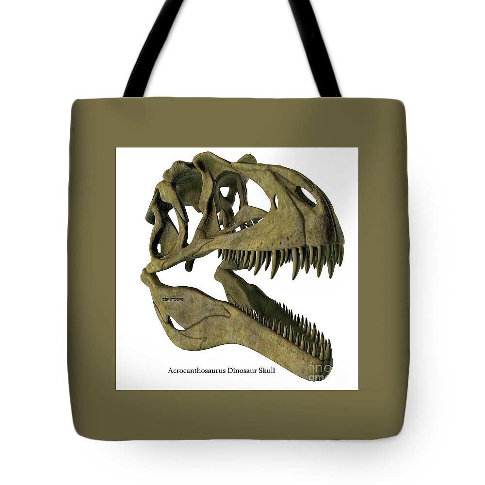 Acrocanthosaurus Tote Bag featuring the digital art Acrocanthosaurus Skull with Font by Corey Ford