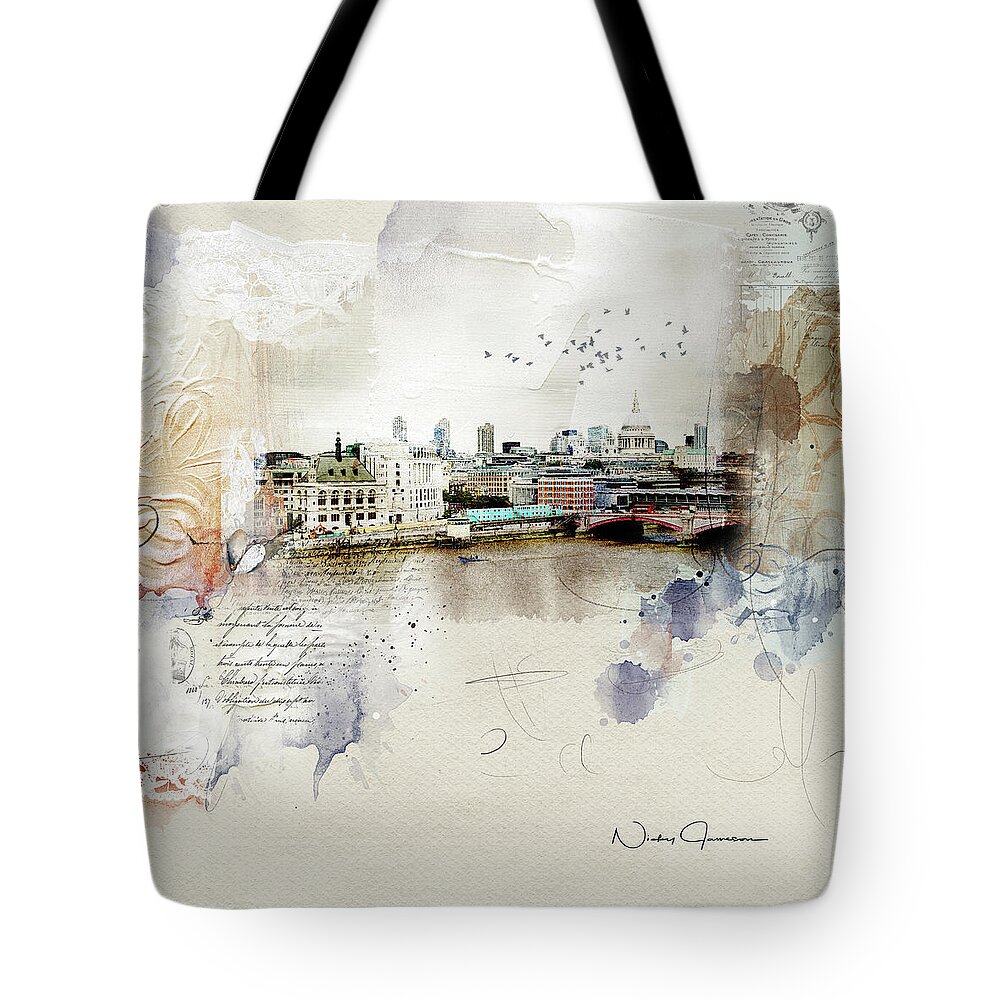 Londonart Tote Bag featuring the digital art Across the River by Nicky Jameson