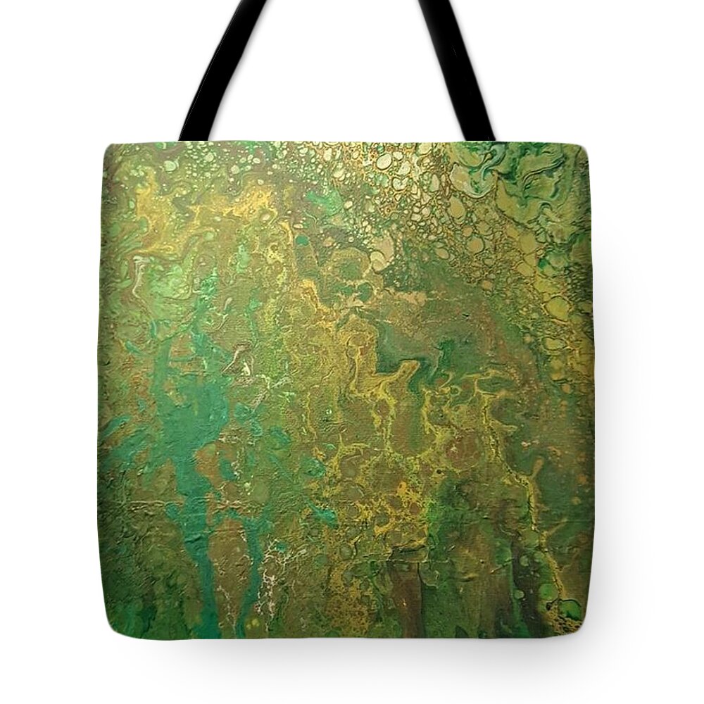 #acrylicdirtypour #abstractacrylics #coolart #paintingswithgreenandgold #acrylicart #abstractartforsale #camvasartprints #originalartforsale #abstractartpaintings Tote Bag featuring the painting Acrylic Dirty Pour with Greens browns gold copper by Cynthia Silverman