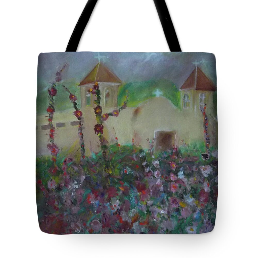 Spanish Mission Tote Bag featuring the painting Adobe Spring Mission by Susan Esbensen