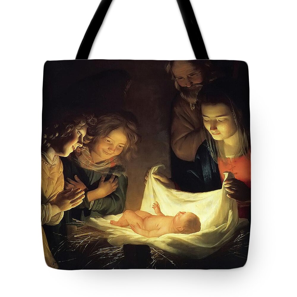 Nativity Tote Bag featuring the painting Adoration of the Child by Gerrit van Honthorst