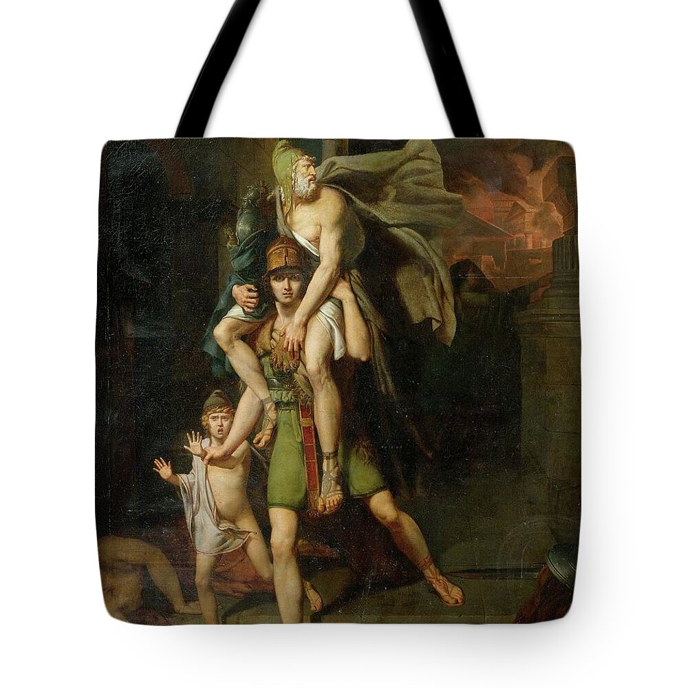 Brocas Tote Bag featuring the painting Aeneas fleeing with his father by MotionAge Designs