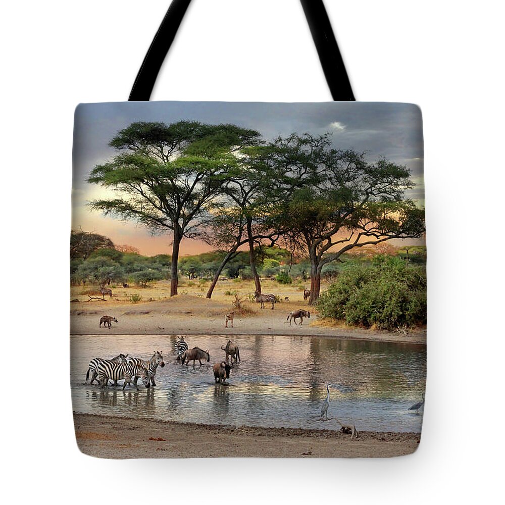 African Landscape Tote Bag featuring the photograph African Safari Wildlife At The Waterhole by Gill Billington