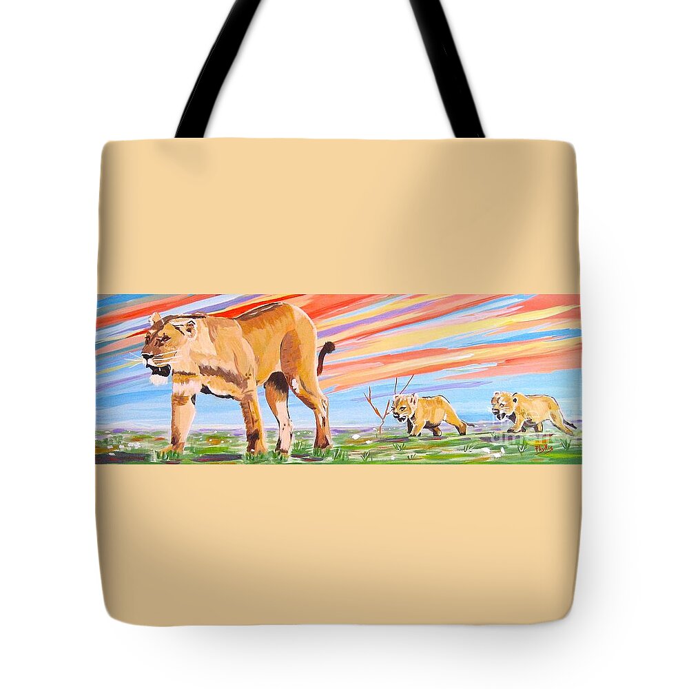 Lion And Cubs Tote Bag featuring the painting African Lion and Cubs by Phyllis Kaltenbach