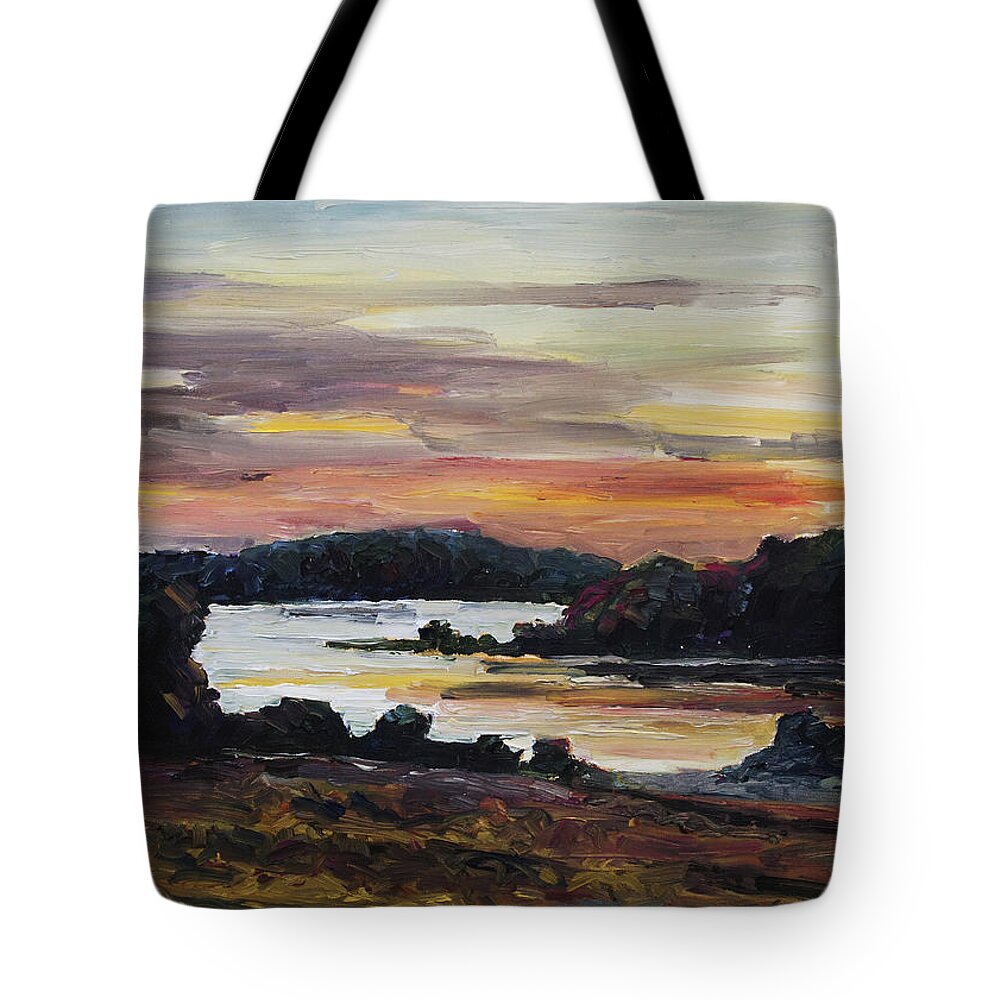 Barbara Pommerenke Tote Bag featuring the painting After Sunset at Lake Fleesensee by Barbara Pommerenke
