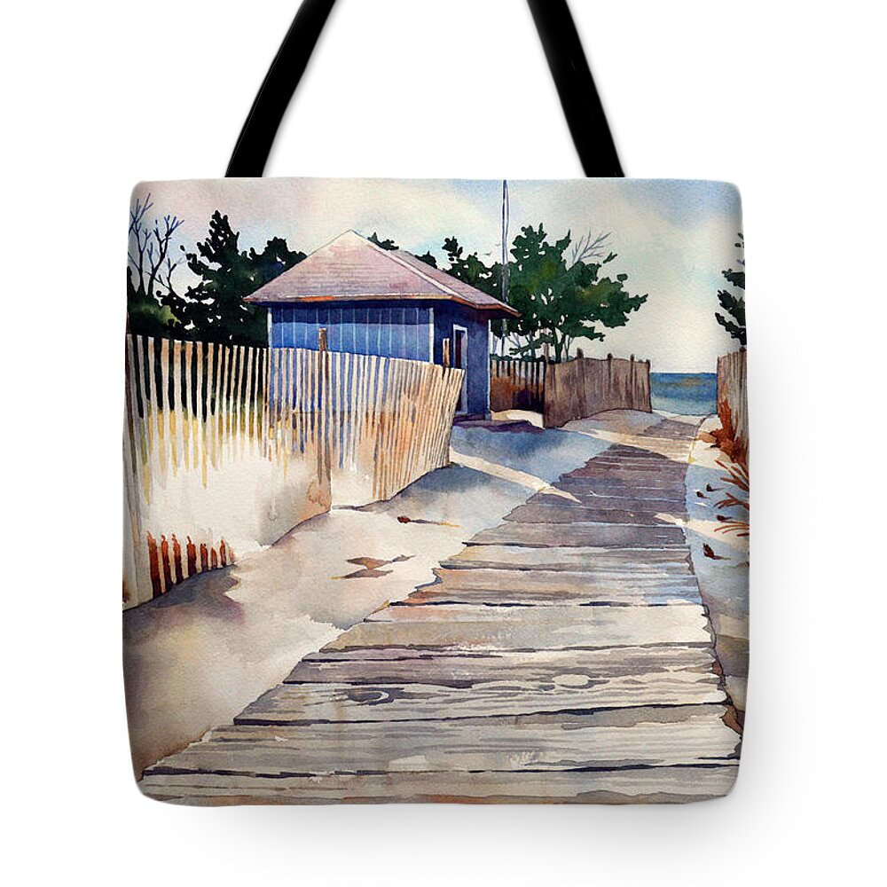 Landscape Watercolor Nature Beach Atlantic Ocean Rehoboth Beach Tote Bag featuring the painting After the Boys of Summer by Mick Williams