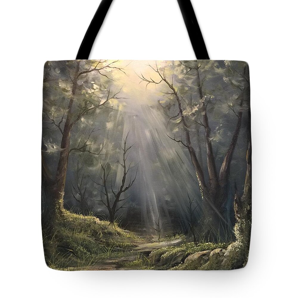 Landscape Forest Trees Heavenly Light Water Sky Grass Woods Pines Oak Tote Bag featuring the painting After the rain by Justin Wozniak