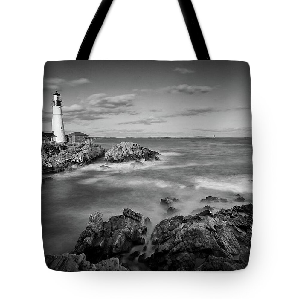 Portland Head Light Tote Bag featuring the photograph Afternoon Light in Black and White by John Meader