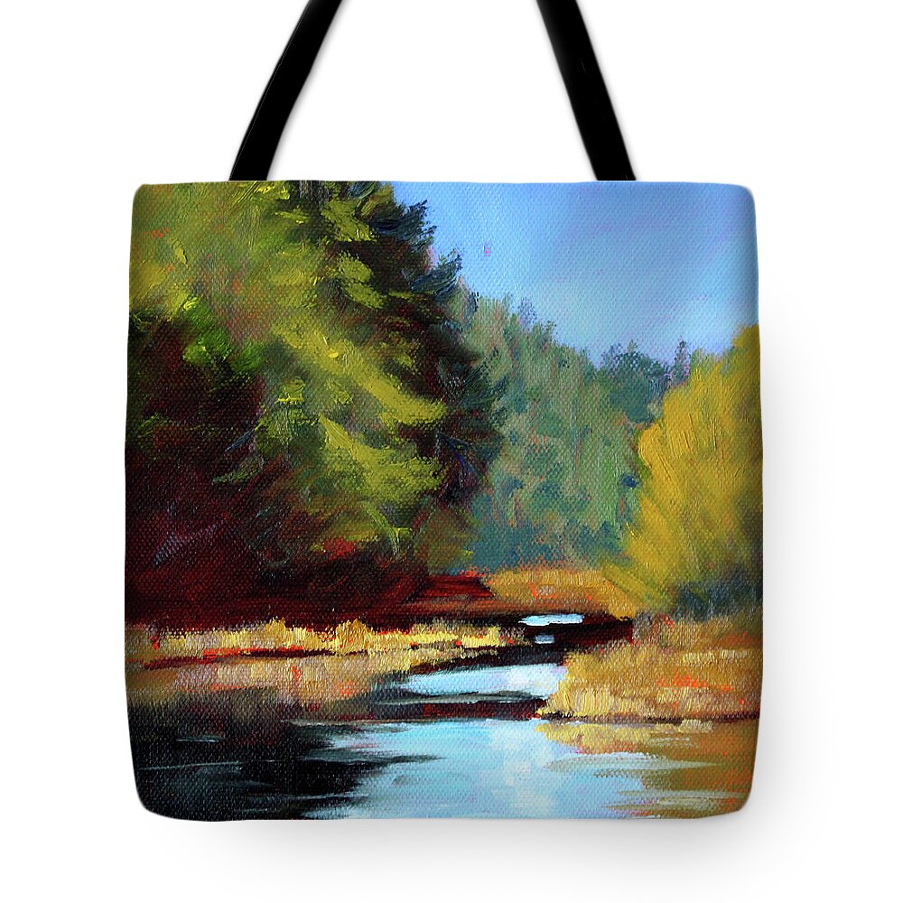 Bend Oregon Tote Bag featuring the painting Afternoon on the River by Nancy Merkle