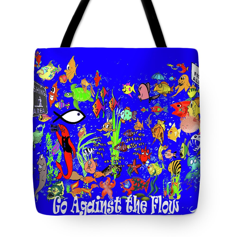 Christian Witness Tote Bag featuring the mixed media Against the Flow Christian Fish Symbol by Hw