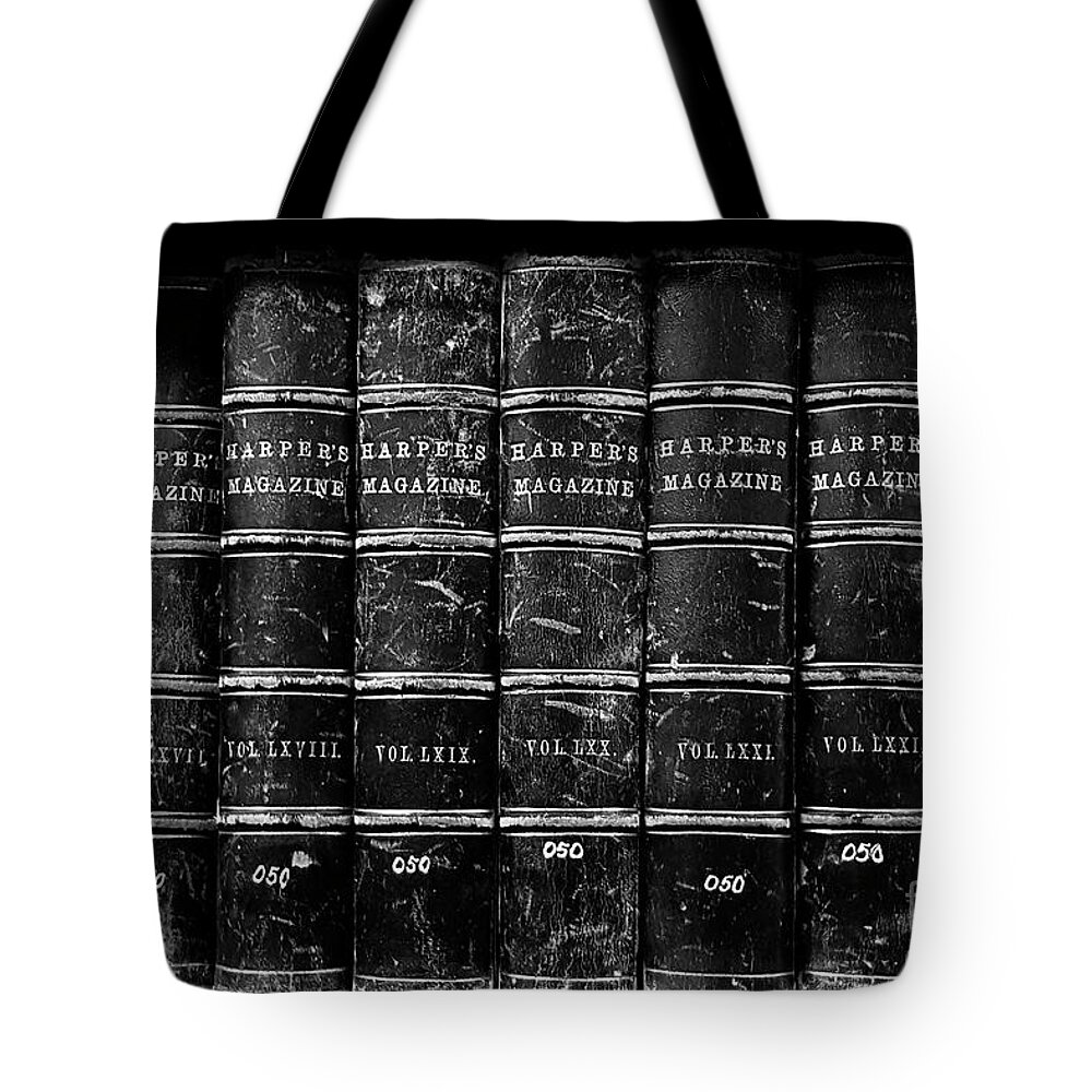 Black And White Tote Bag featuring the photograph Aged Harper's Black and White by Rebecca Langen
