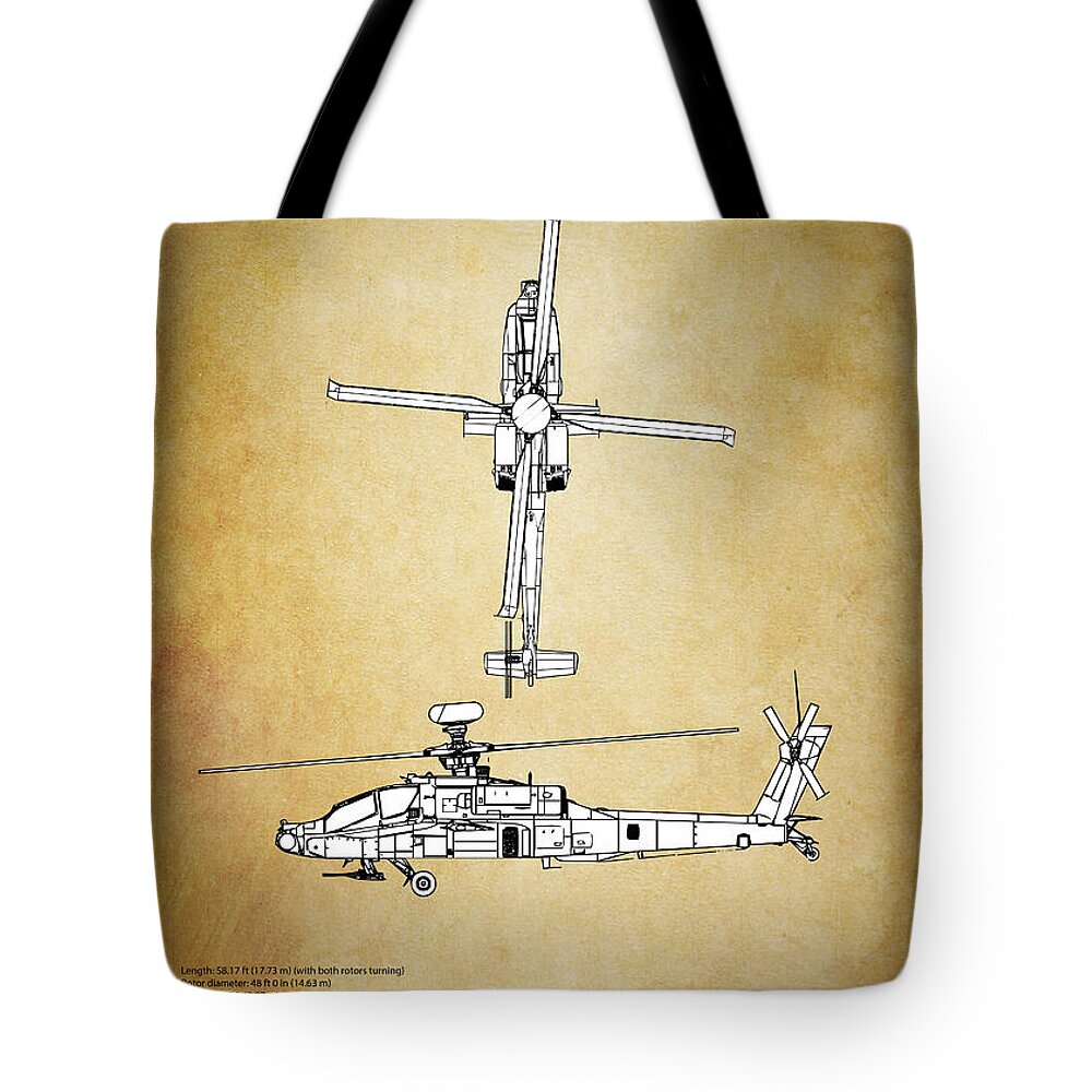 Apache Tote Bag featuring the digital art AH-64 Apache Blueprint by Airpower Art