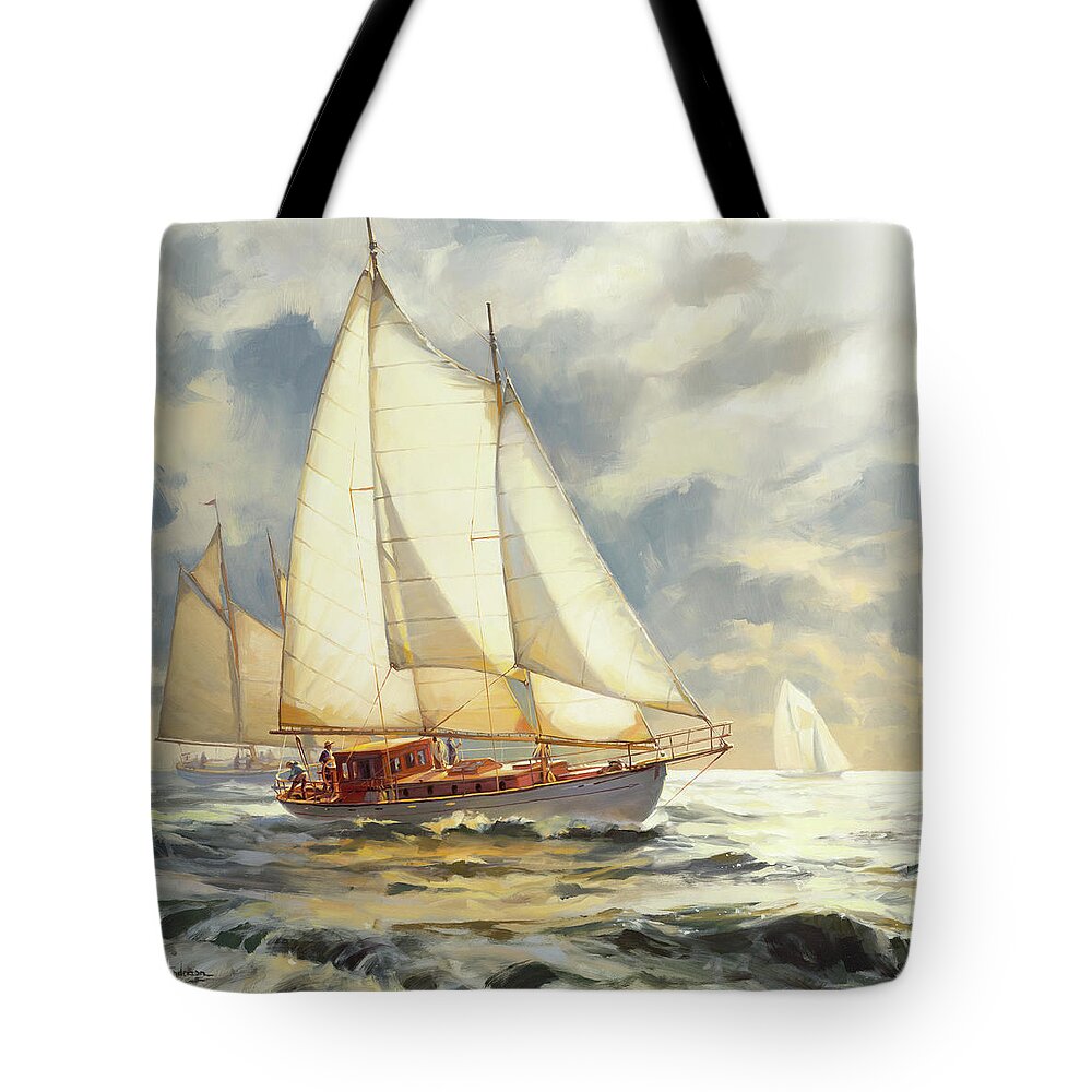 Sailboat Tote Bag featuring the painting Ahead of the Storm by Steve Henderson