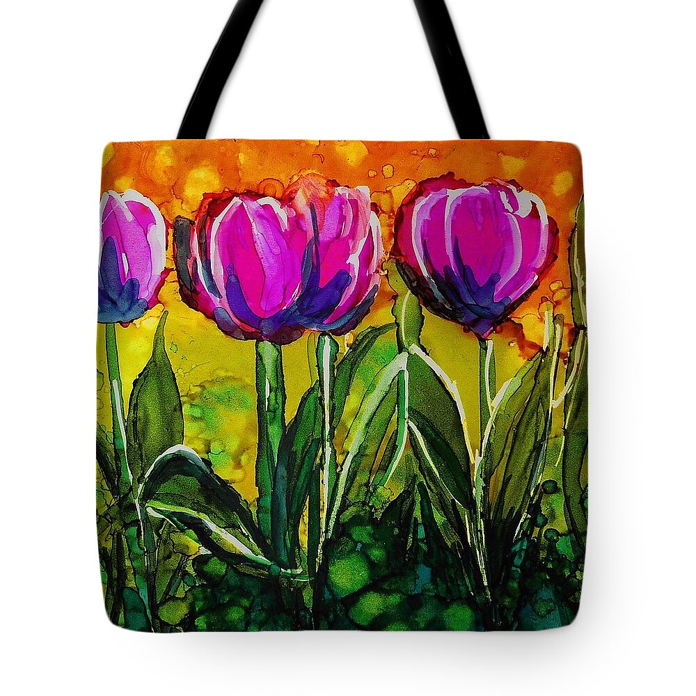 Alcohol Ink Tote Bag featuring the painting Spring Tulips - A 215 by Catherine Van Der Woerd