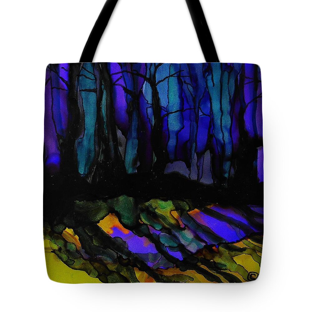 Alcohol Ink Tote Bag featuring the painting Tree Shadows - A 218 by Catherine Van Der Woerd