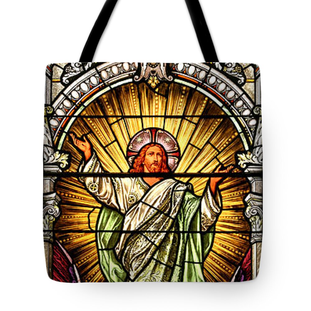 Cathedral Of The Plains Tote Bag featuring the photograph Stained Glass Scene 10 Crop by Adam Jewell