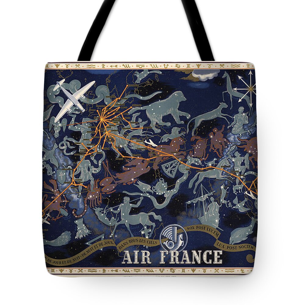 Air France Tote Bag featuring the drawing Air France - Illustrated Poster of the Constellations - Blue - Celestial Map - Celestial Atlas by Studio Grafiikka